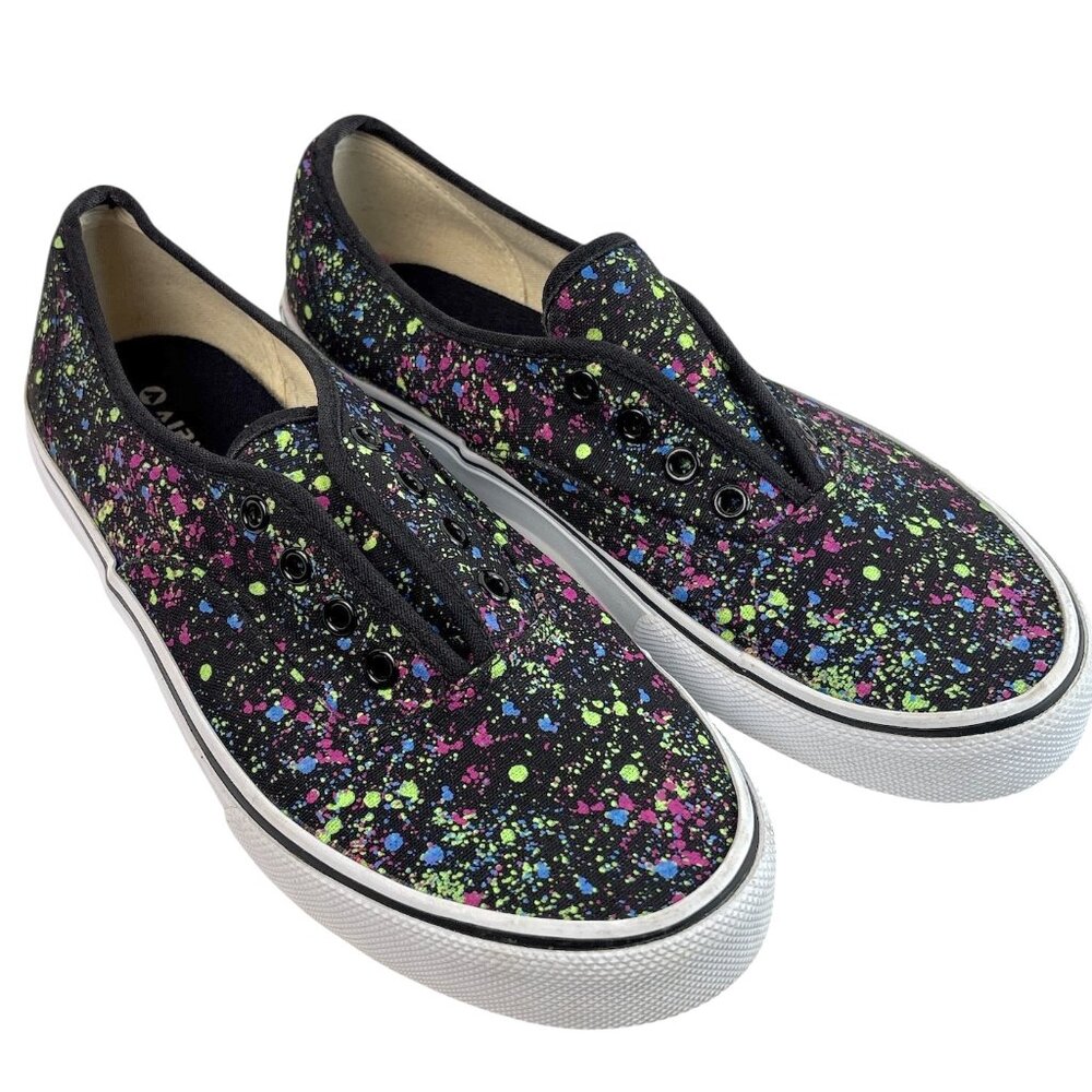 Airwalk Slip-On Sneakers Women’s 7 Black Multicolor Neon‎ Paint Splatter Skater